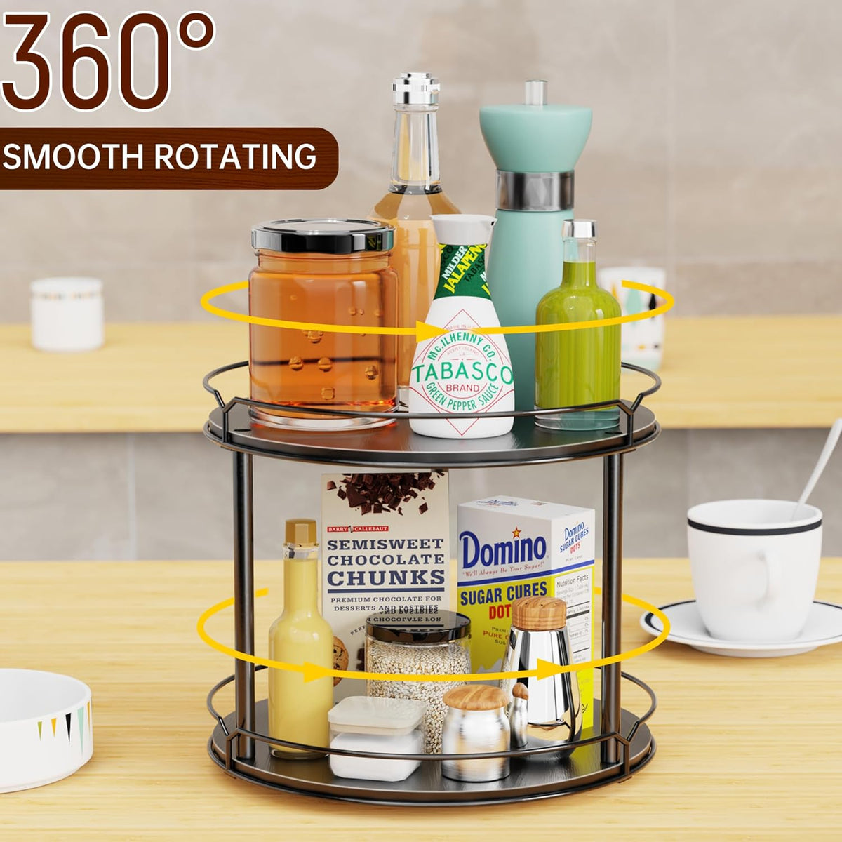 Lazy Susan Organizer 2 Tier - 12.4" Turntable Spice Rack for Table Top, Wooden Rotating Lazy Susan