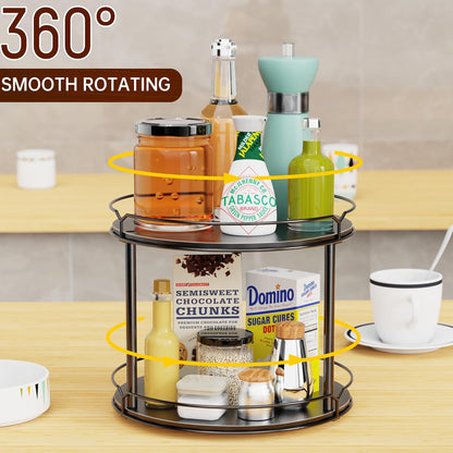 Lazy Susan Organizer 2 Tier - 12.4" Turntable Spice Rack for Table Top, Wooden Rotating Lazy Susan