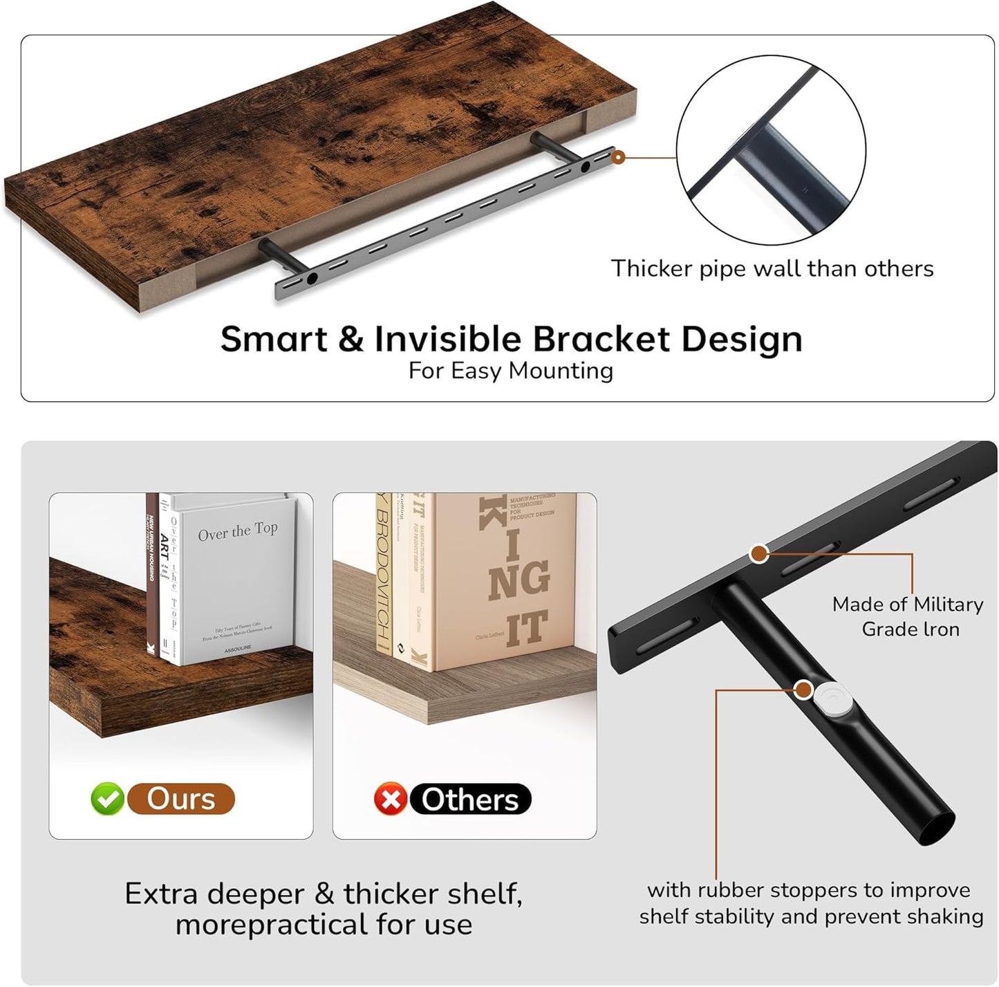 Fun Memories Floating Shelves - 2 Pack 12 Inch Rustic Wooden Wall Shelves - Extra Deeper & Thicker