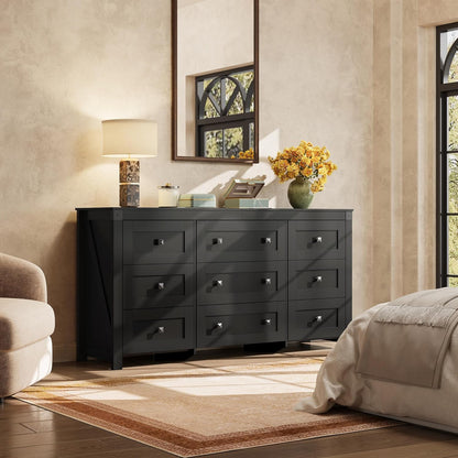 WLIVE Farmhouse Dresser for Bedroom, 63" Wide 9 Drawer Dresser Storage Organizer, Wood Chest of