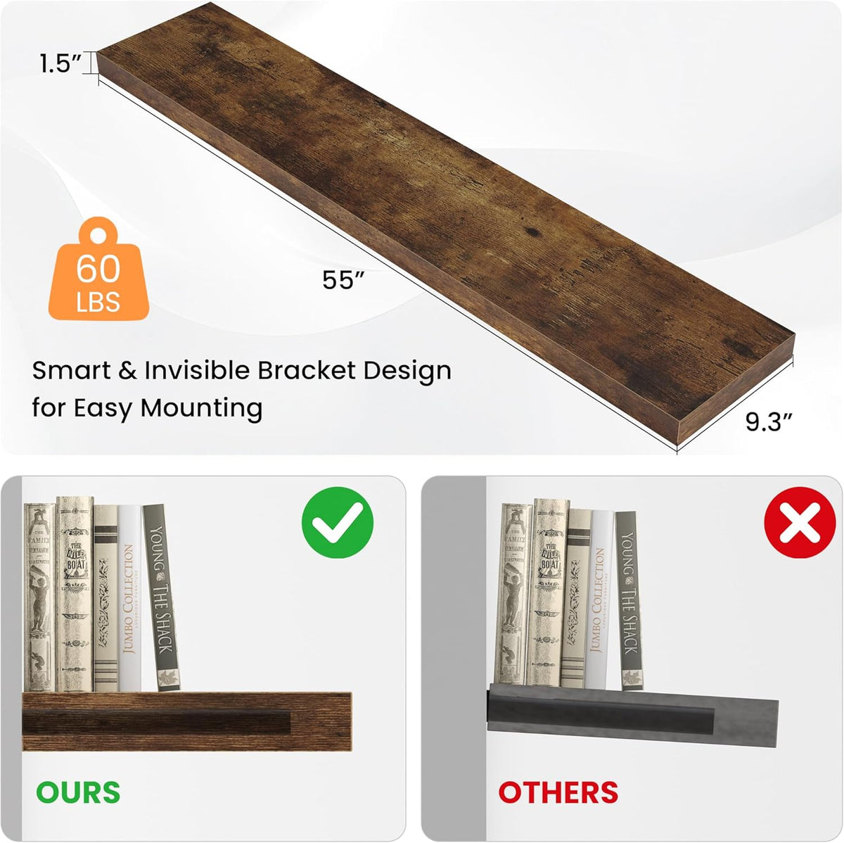 Floating Shelves for Wall, 55"W x 9.3"D x 1.5"H, Long Wooden Wall Mounted Display Shelf with