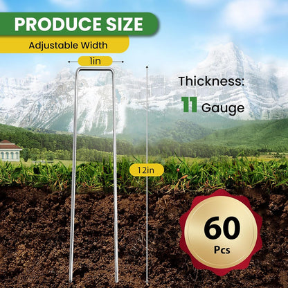 Landscape Staples 12 Inch 60 Pack, Garden Stakes Galvanized Garden Staples 11 Gauge, Plant Cover