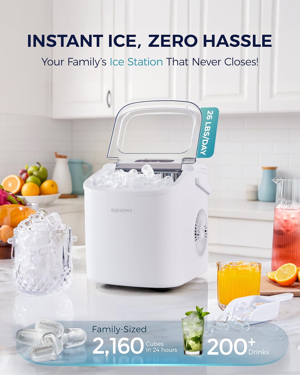 EUHOMY Countertop Ice Maker Machine with Handle, 26lbs Per Day, 9 Ice Cubes Ready in 6 Mins