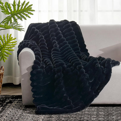 Cozy Bliss Faux Fur Throw Blanket for Couch, Cozy Warm Plush Striped Blanket for Sofa Bedroom