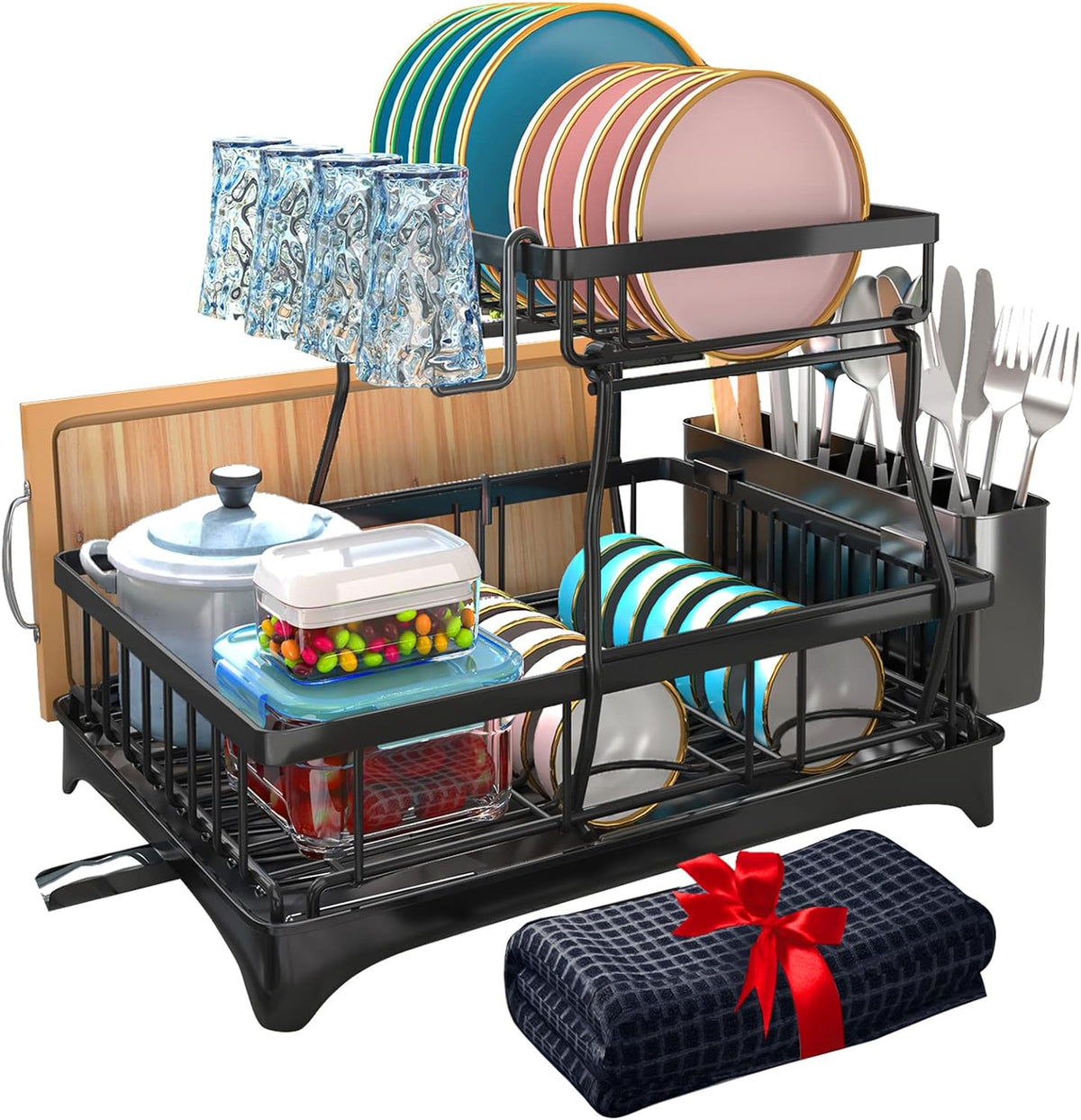 Godboat Dish Drying Rack, 2-Tier Dish Rack with Auto-Drain & Mat, Dish Racks for Kitchen Counter