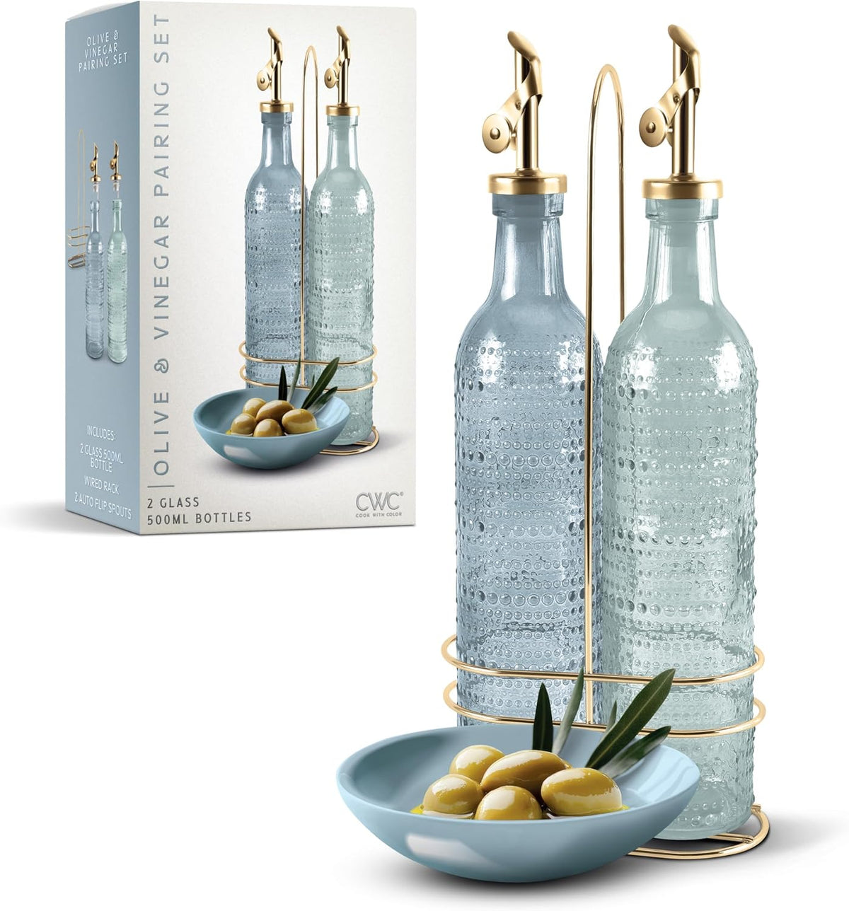 COOK WITH COLOR Glass Olive Oil Bottle Dispenser - 2 Pack- 17oz Oil and Vinegar Cruet - Olive Oil