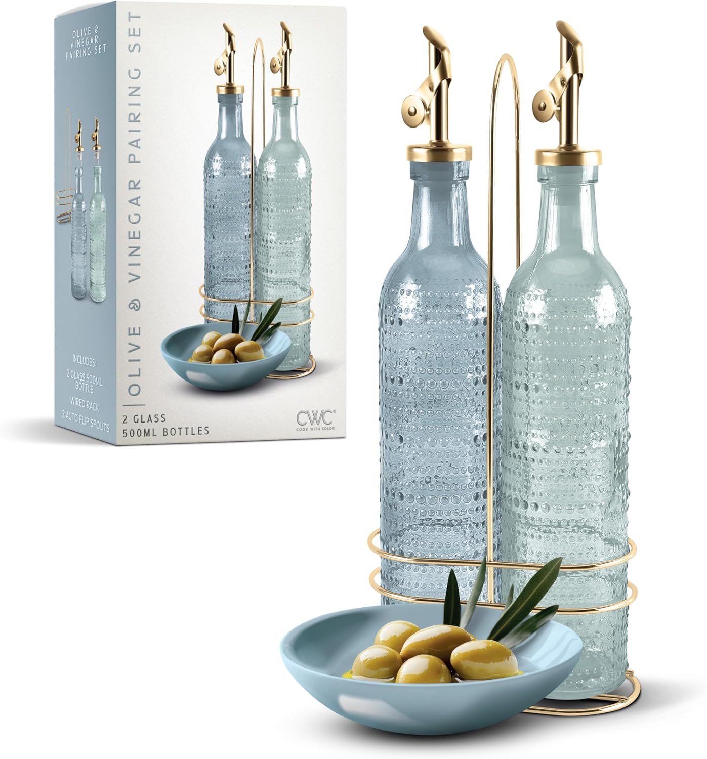 COOK WITH COLOR Glass Olive Oil Bottle Dispenser - 2 Pack- 17oz Oil and Vinegar Cruet - Olive Oil