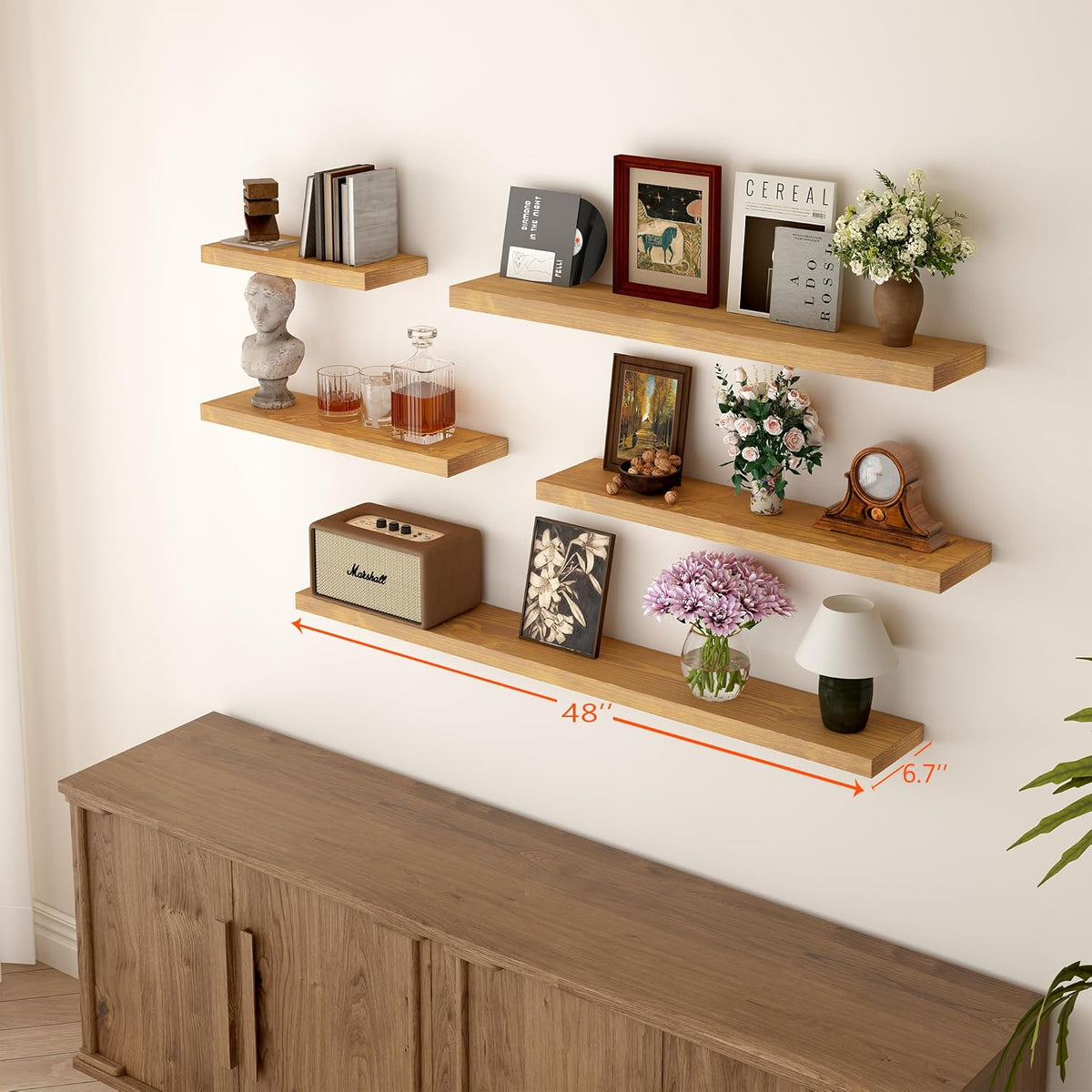 BGMG Wood Floating Shelves 48 inch Set of 2, Rustic Wooden Wall Mount Shelves for Living Room