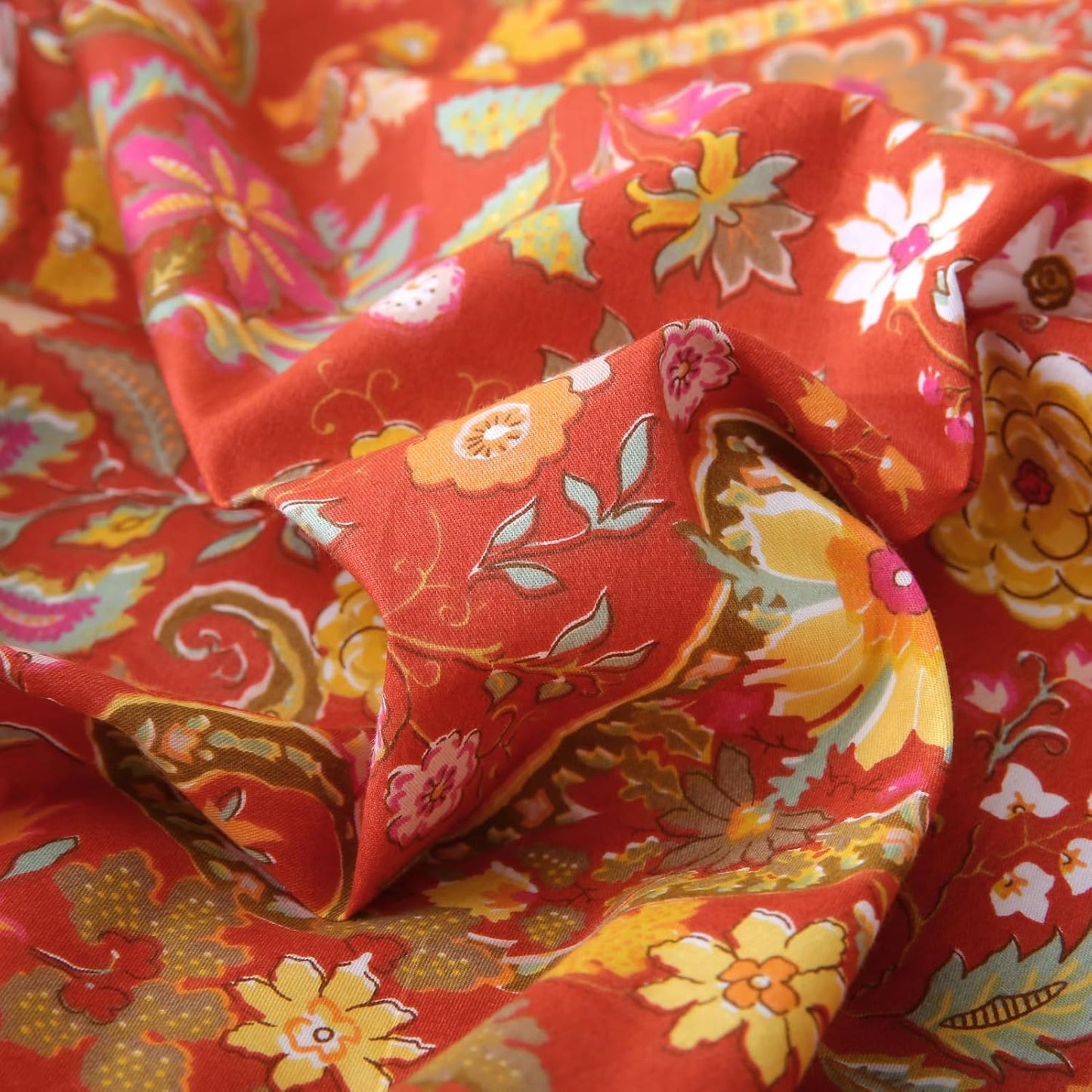 ABREEZE Paisley Bedding Sets 3Pcs Brushed Cotton Duvet Cover Set Queen Size Rustic Damask Red