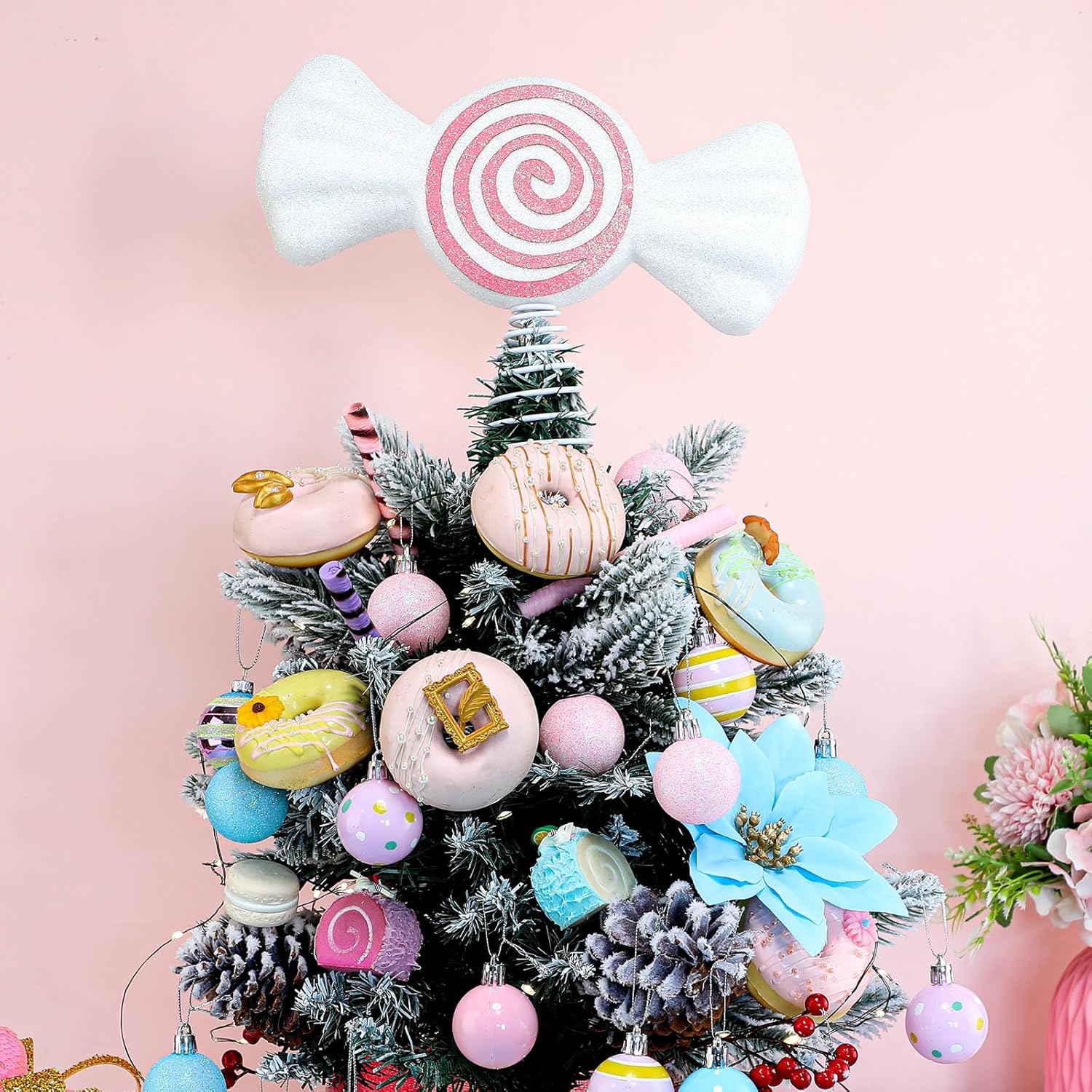Retisee 9.8 in Large Pastel Candy Christmas Tree Topper Pink Candy Swirl Treetop Pink Pastel