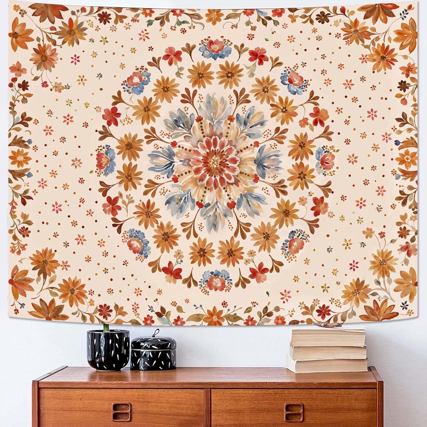 Fowocu Boho Floral Mandala Tapestry Wall Hanging Watercolor Bohemian Flower Medallion Tapestry