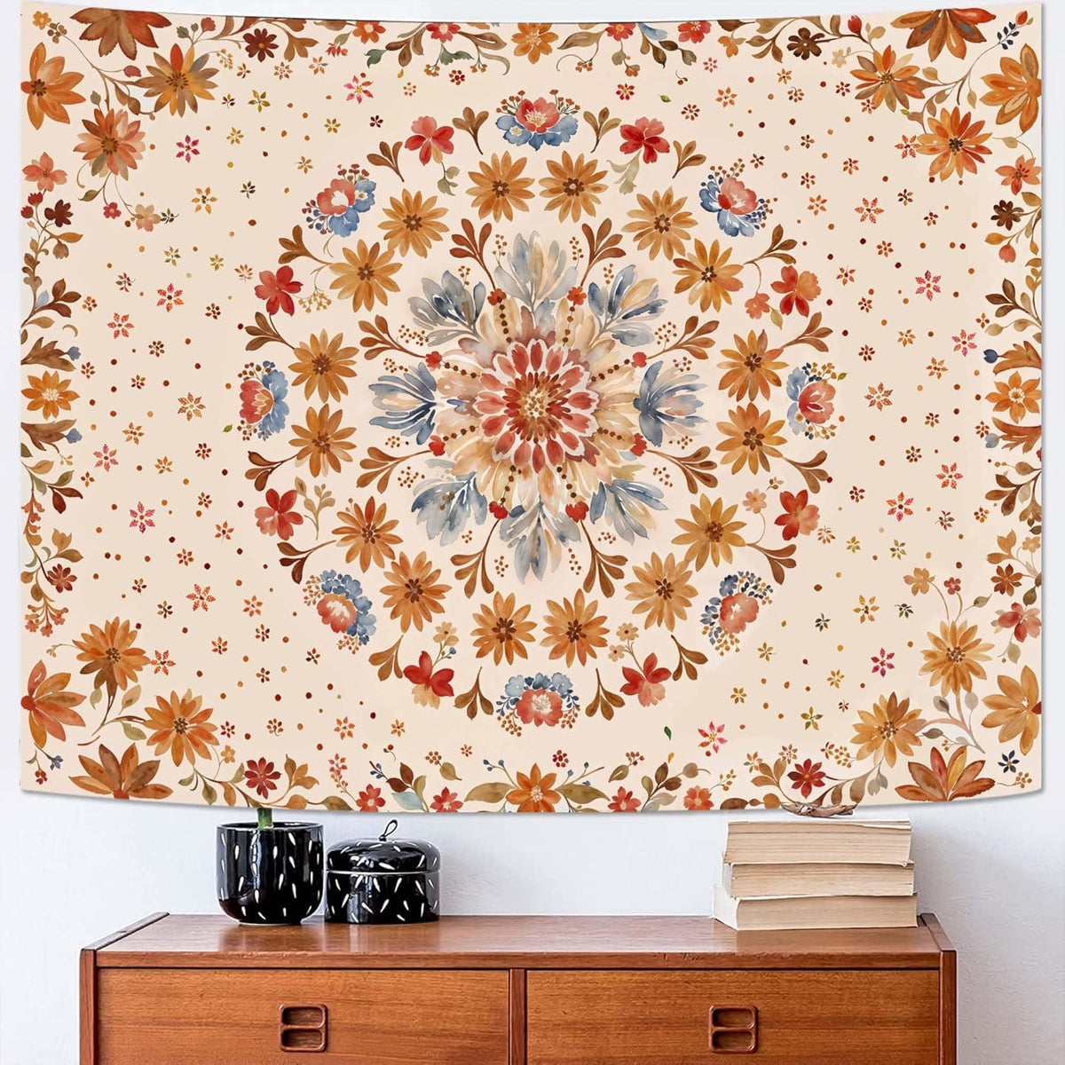 Fowocu Boho Floral Mandala Tapestry Wall Hanging Watercolor Bohemian Flower Medallion Tapestry