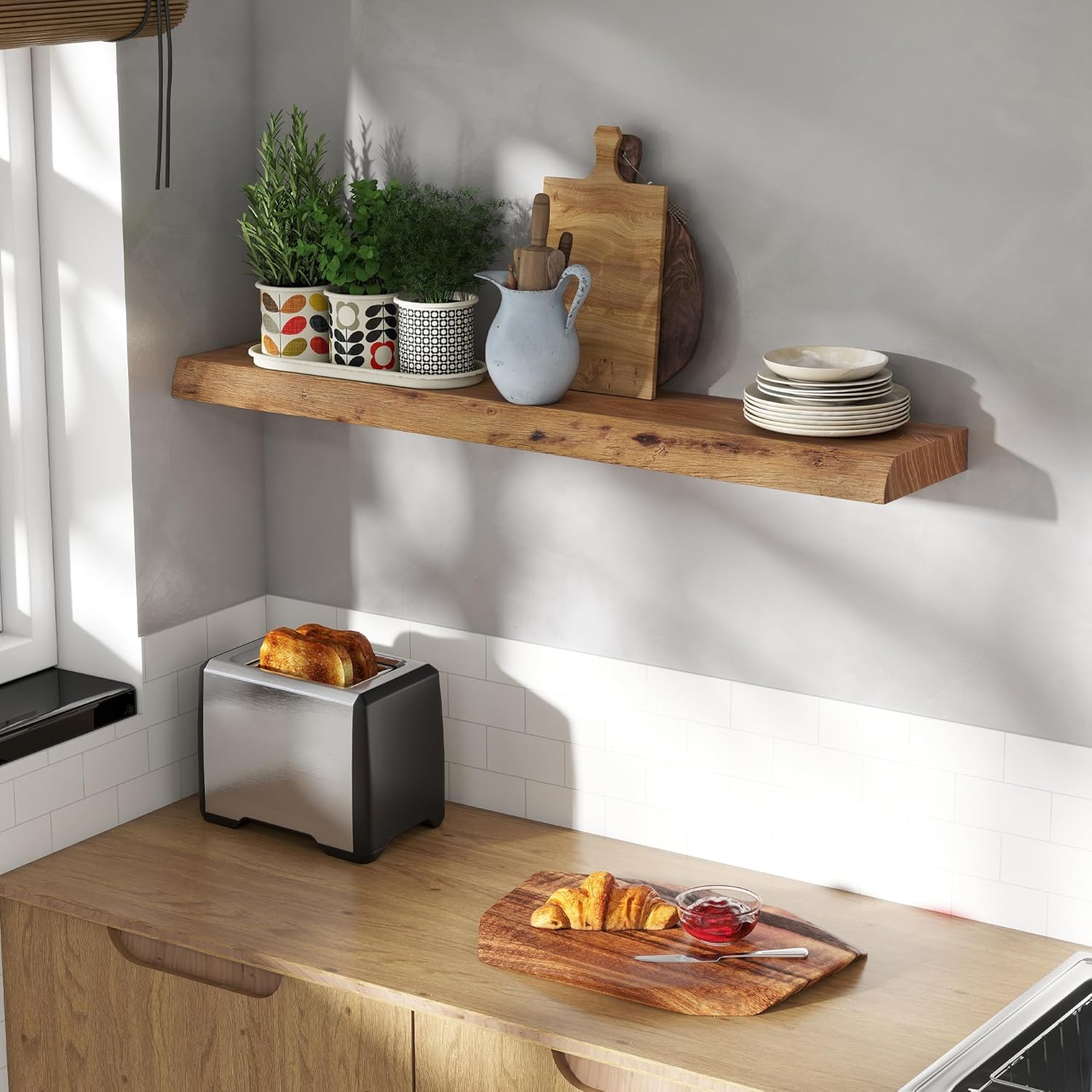 Fun Memories 40" Floating Shelves for Wall, Live Edge Solid Elm Wood Floating Shelf with Invisible