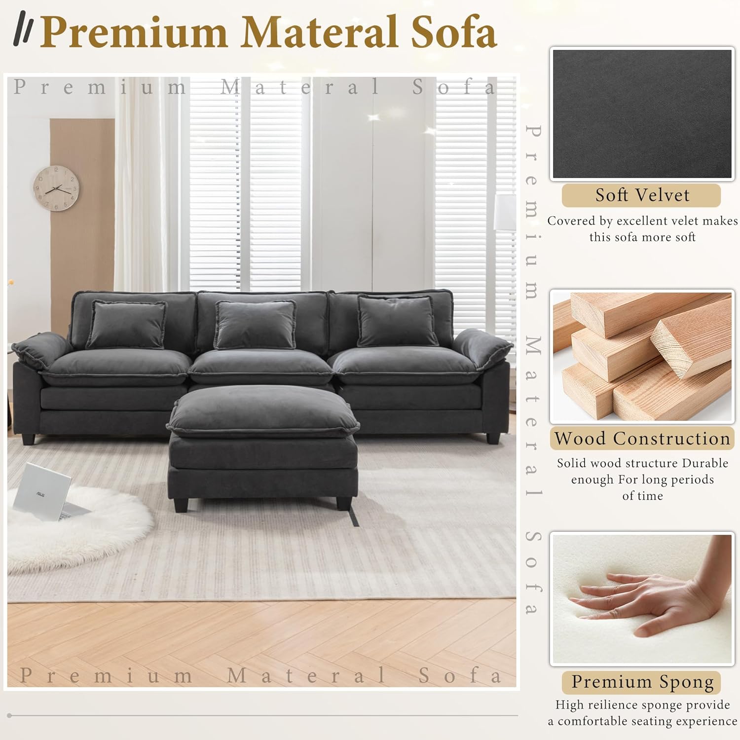 URRED Modular Sectional Sofa Comfy Cloud Couch, Modern Velvet Sofa Sleeper Deep Seat Couches with