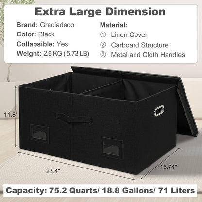 75 Quarts Extra Large Decorative Storage Bins with Lids, 1 Pack Black Collapsible Storage Bins with