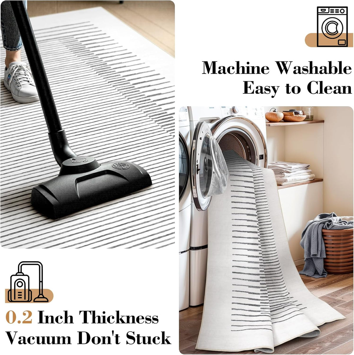 Wonnitar Washable Striped 8x10 Rugs for Living Room, Non-Slip Soft Grey Berber Stripe Bedroom Rug