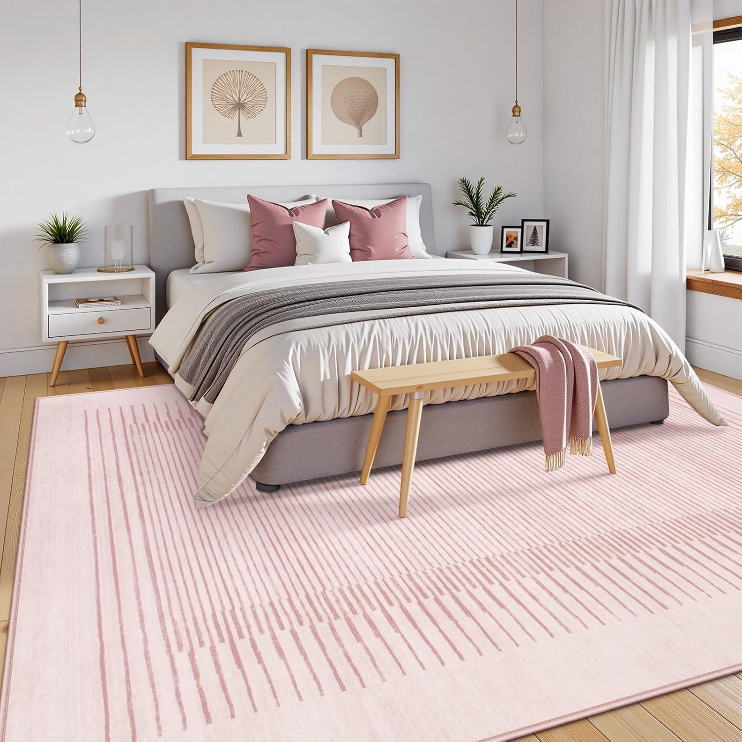 Wonnitar Washable Pink Striped Rug for Bedroom 8x10, Non-Slip Living Room Area Rug, Minimalist
