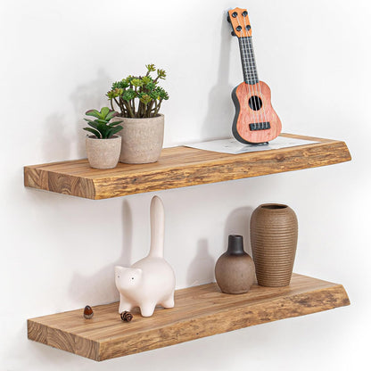 Floating Shelves for Wall, 24" Live Edge Solid Elm Wood Floating Shelf, Wall-Mounted Display