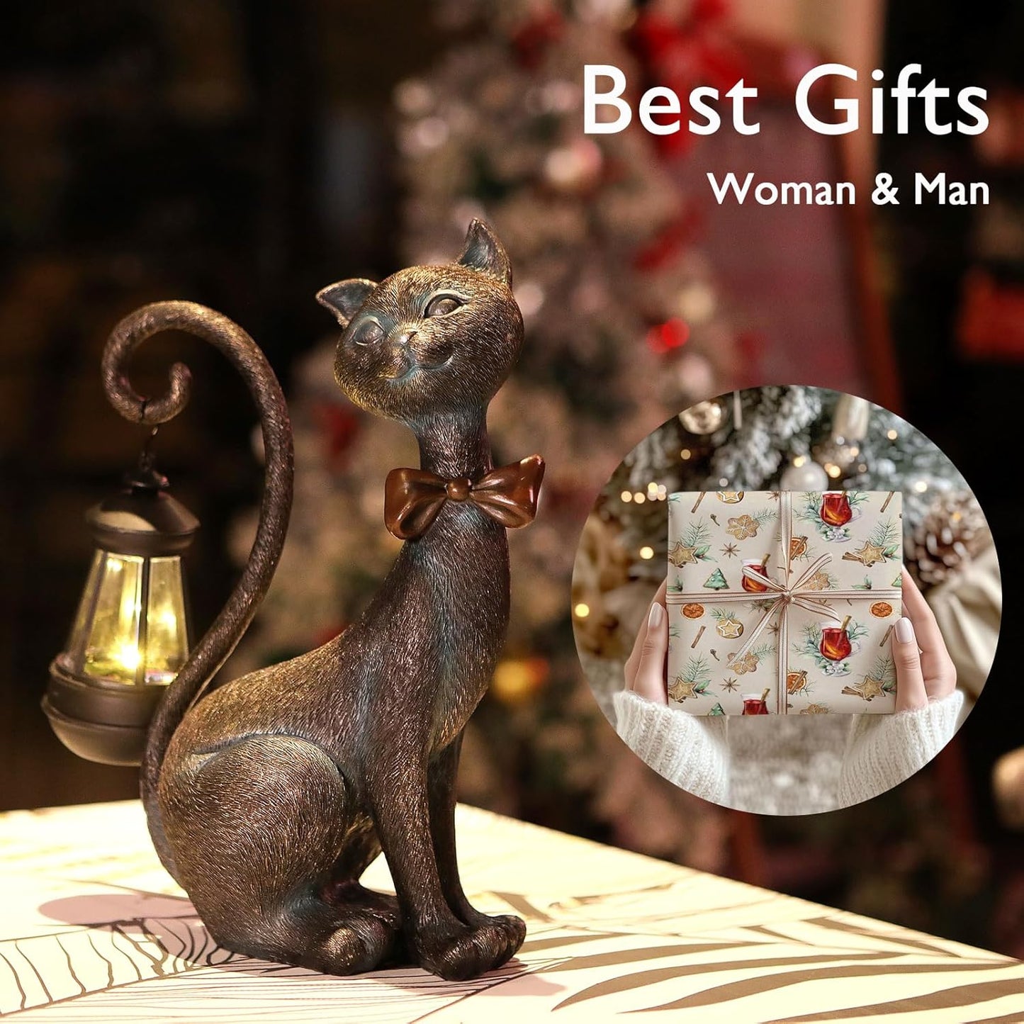 Whimsical Outdoor Cat Statues with Solar Garden Lantern:Cat Garden Statues for Outside Fall Decor