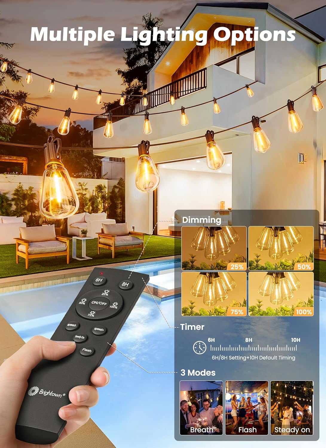 Brightown Solar Lights Outdoor Waterproof 108FT with 50 Shatterproof ST38 LED Bulbs, 2700K Solar