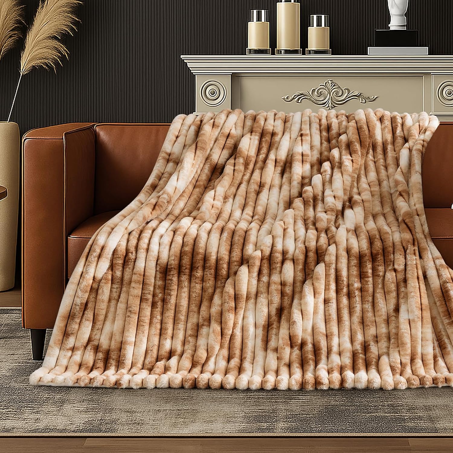 Amélie Home Faux Fur Throw Blanket for Couch, Cozy Fuzzy Fluffy Fur Luxurious Soft Striped Plush