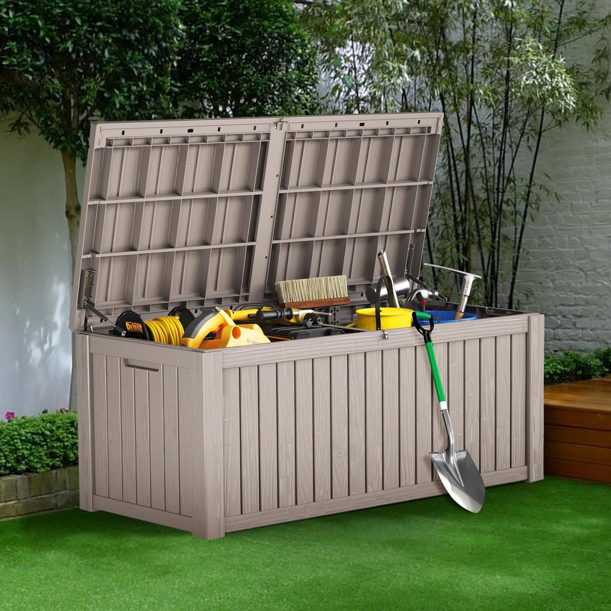180 Gallon Outdoor Storage Box Waterproof Lockable Resin Deck Box Large, Patio Storage Bin for Pool