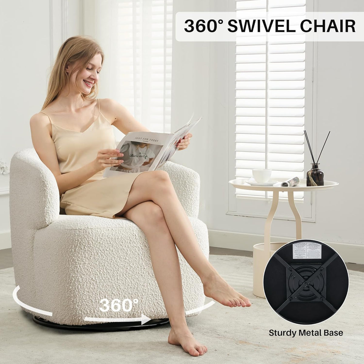 Swivel Accent Chair, Sherpa Teddy Barrel Chair for Living Room, Cozy Round Boucle Arm Chair, Metal
