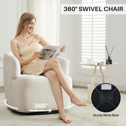 Swivel Accent Chair, Sherpa Teddy Barrel Chair for Living Room, Cozy Round Boucle Arm Chair, Metal