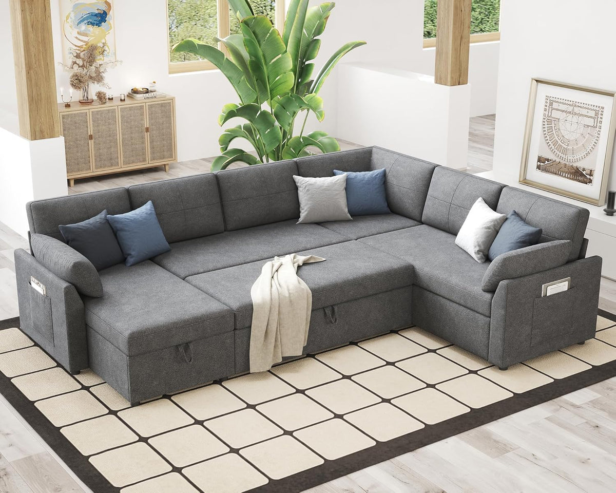VanAcc Pull Out Sofa, 112 Inch Oversized U Shape Sleeper Sofa Couch with Storage Chaise & 3 Seater