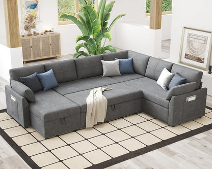 VanAcc Pull Out Sofa, 112 Inch Oversized U Shape Sleeper Sofa Couch with Storage Chaise & 3 Seater
