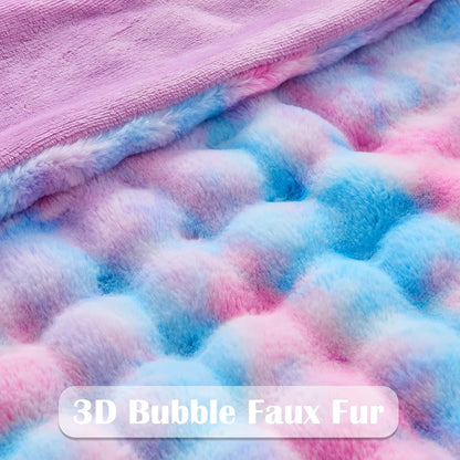 NEWCOSPLAY Faux Fur Throw Blanket Purple Rainbow Luxury Fluffy Thick Warm Bubble Blanket for Couch