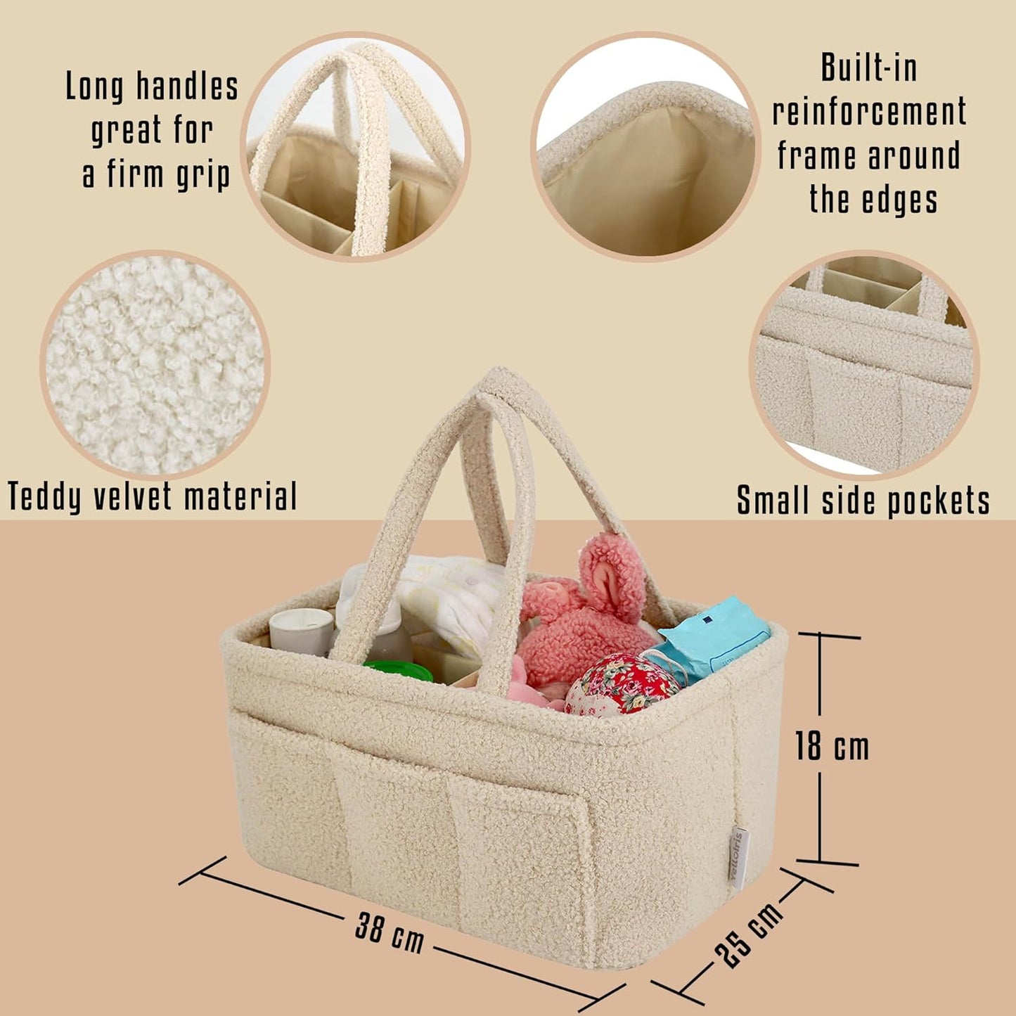 Baby Diaper Caddy Organizer – Soft Beige Sherpa with 3 Removable Compartments & 6 Side Pockets