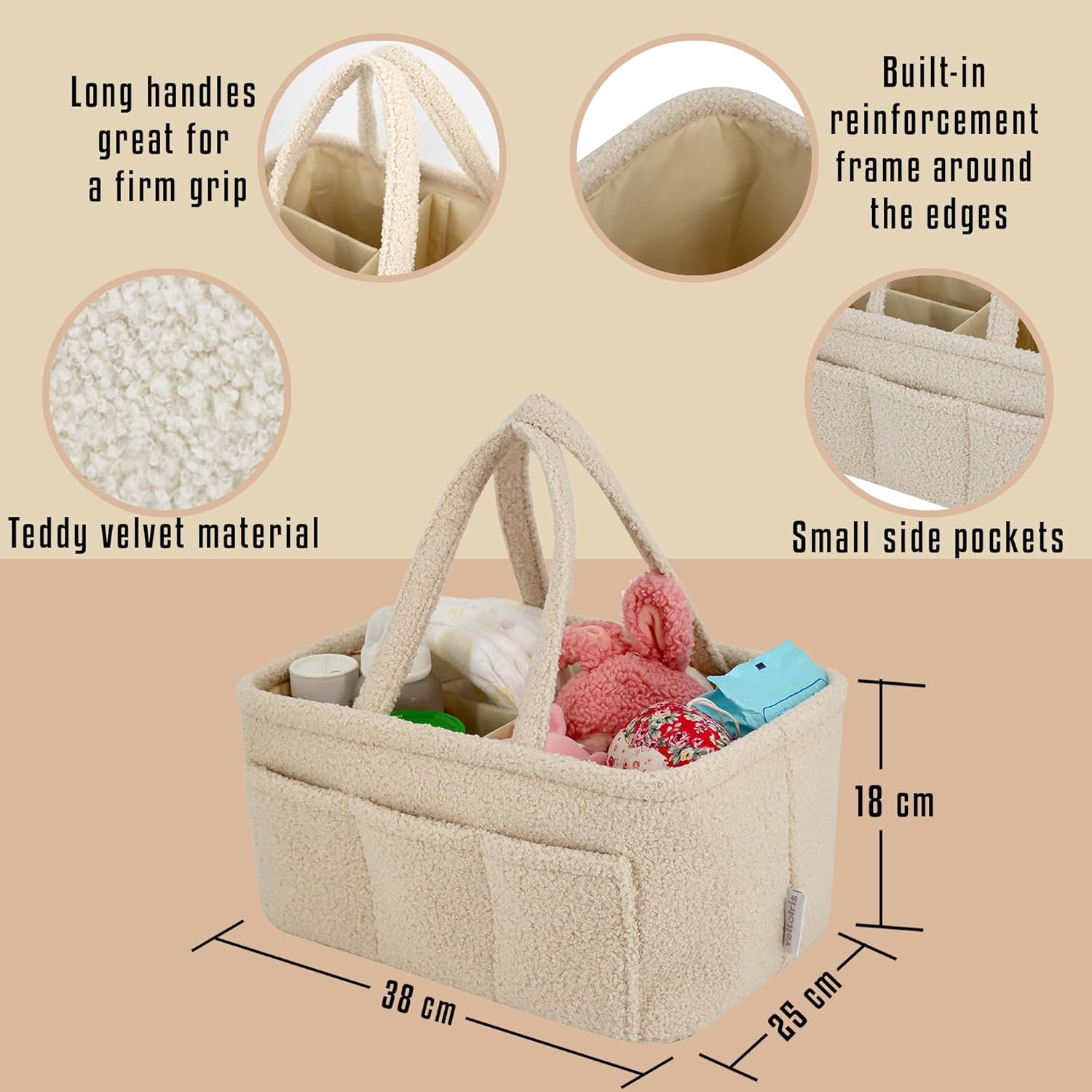 Baby Diaper Caddy Organizer – Soft Beige Sherpa with 3 Removable Compartments & 6 Side Pockets