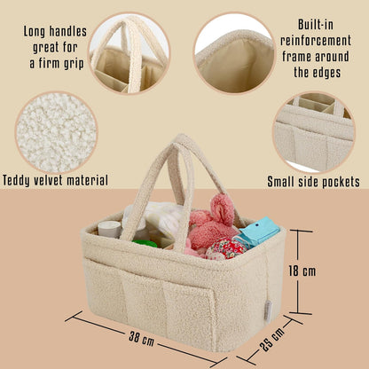 Baby Diaper Caddy Organizer – Soft Beige Sherpa with 3 Removable Compartments & 6 Side Pockets