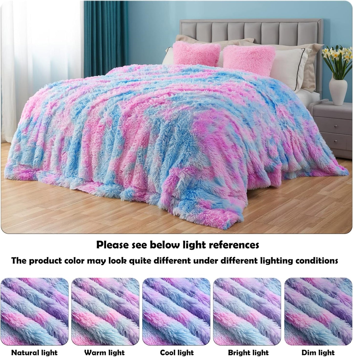GONAAP Fuzzy Faux Fur Throw Blanket Twin Size Purple Rainbow Super Soft Cozy Plush Fuzzy Shaggy