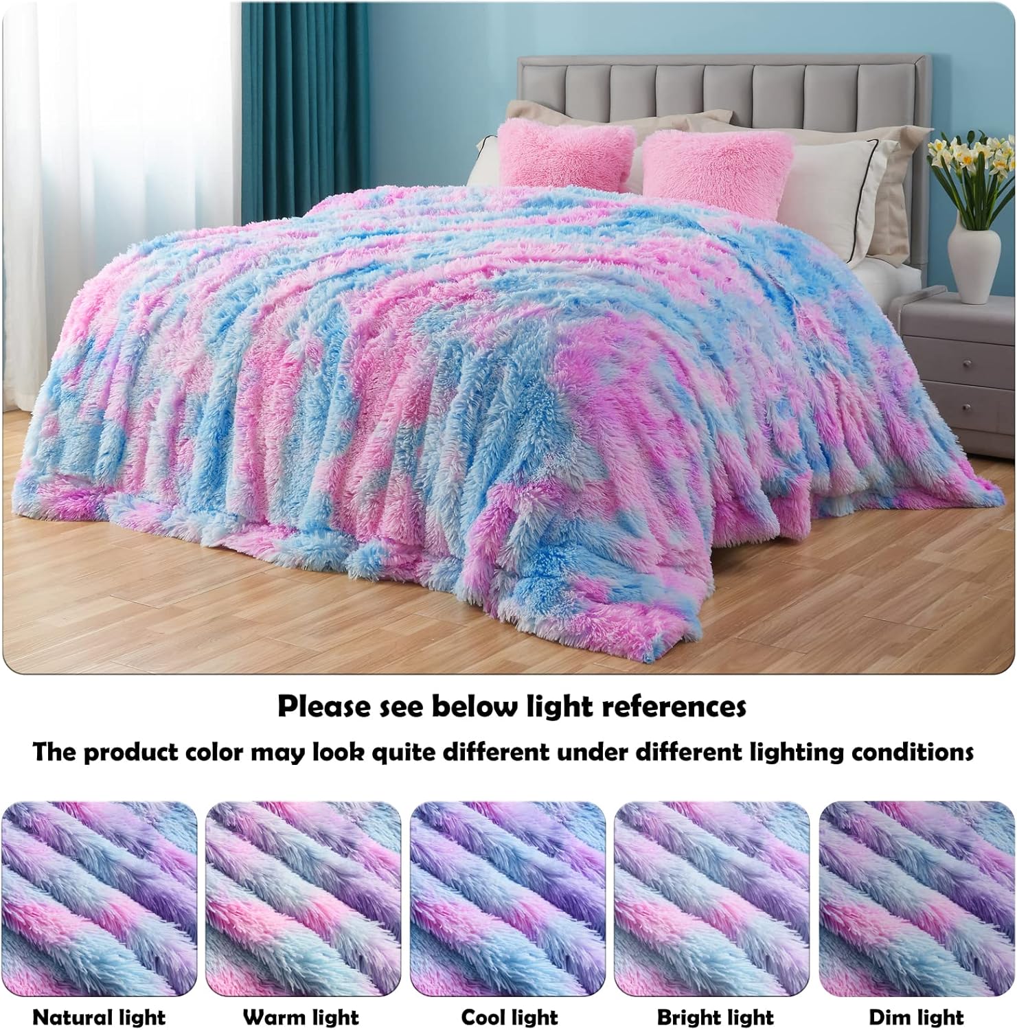 GONAAP Fuzzy Faux Fur Throw Blanket Twin Size Purple Rainbow Super Soft Cozy Plush Fuzzy Shaggy
