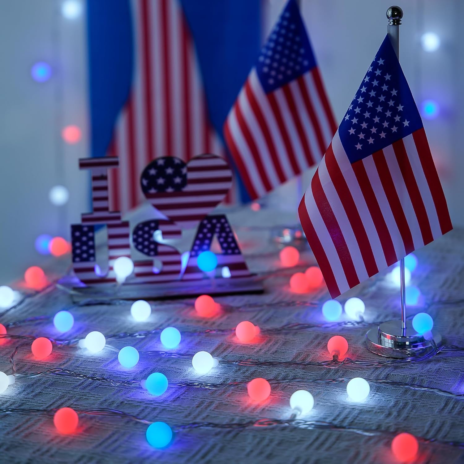 JMEXSUSS Connectable Red White and Blue Lights Indoor Outdoor, 100 LED 33ft 4th of July Decorations