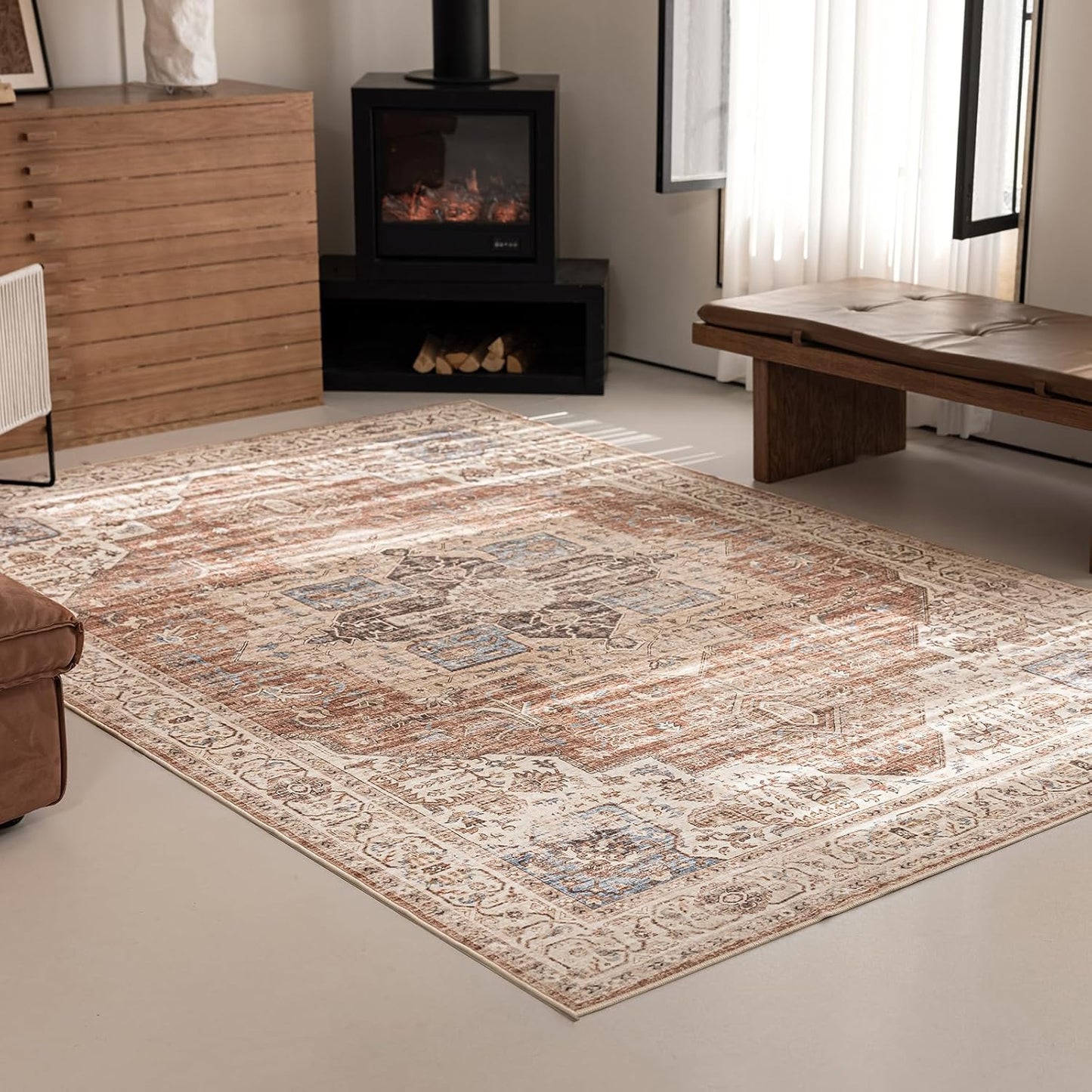6'x9' Area Rug - Vintage Persian Medallion Design Low-Pile Faux Wool Rug, Non-Slip Backing, Machine