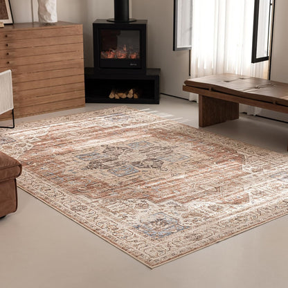 6'x9' Area Rug - Vintage Persian Medallion Design Low-Pile Faux Wool Rug, Non-Slip Backing, Machine