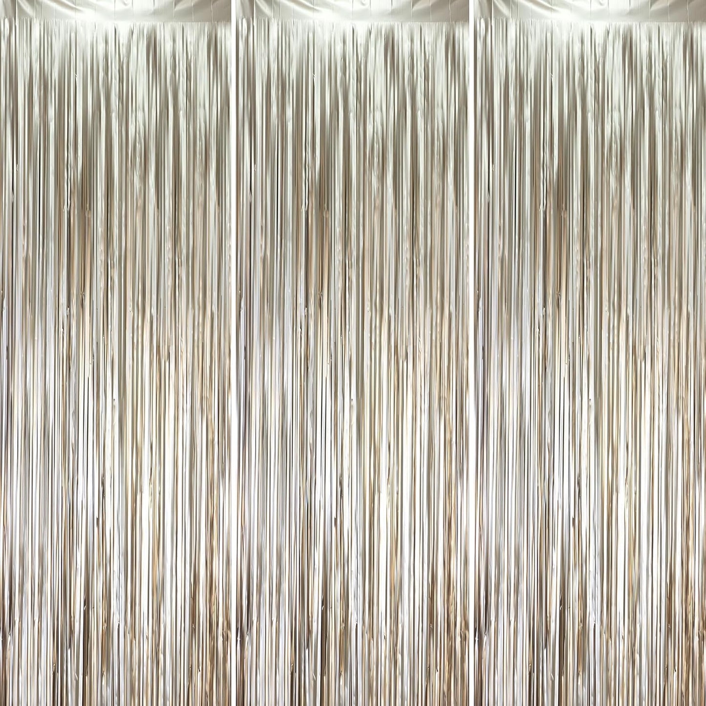 3 Pack 3.3 x 8.2 ft Matte Champagne Foil Fringe Backdrop Curtains, Gold Tinsel Streamers Party