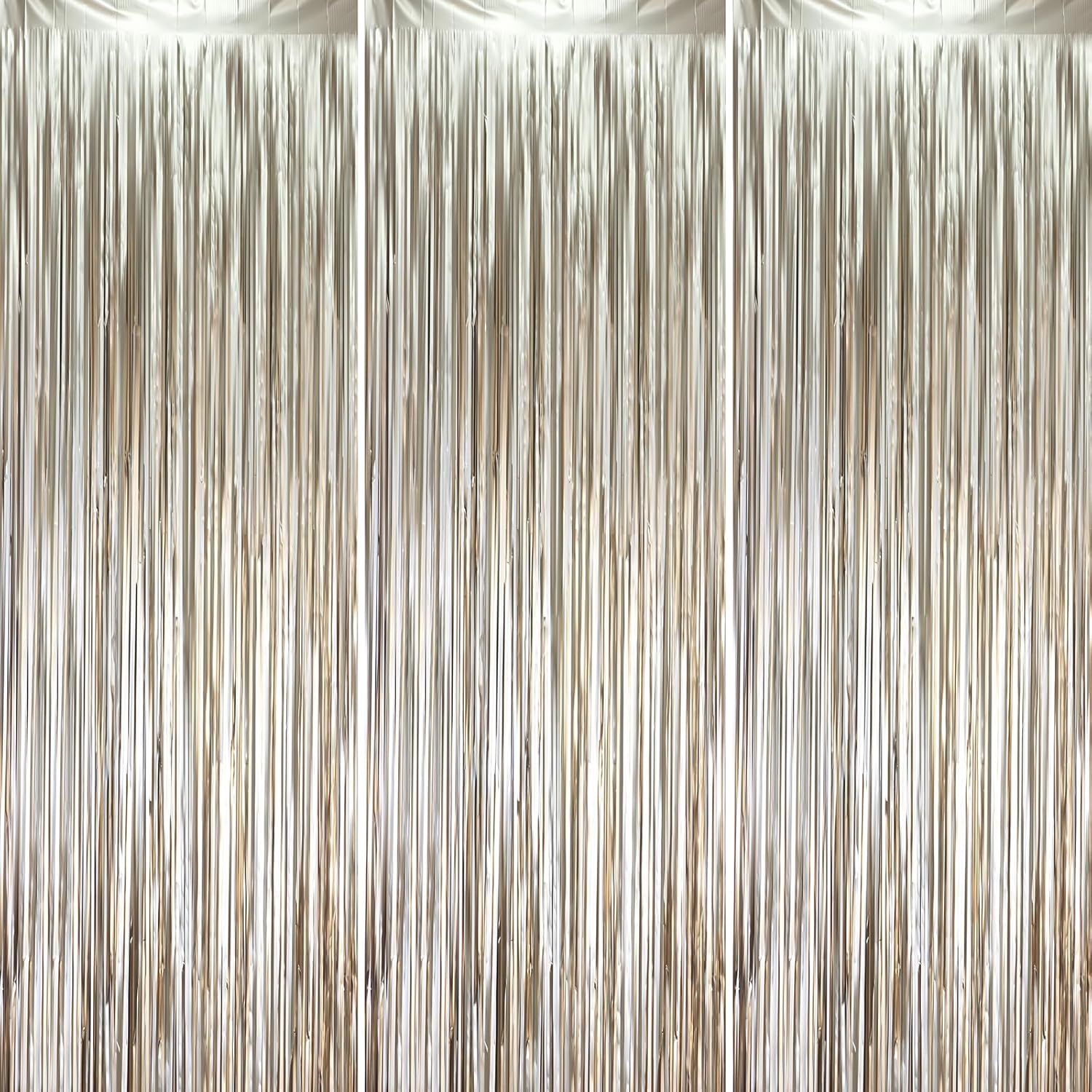 3 Pack 3.3 x 8.2 ft Matte Champagne Foil Fringe Backdrop Curtains, Gold Tinsel Streamers Party