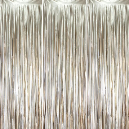 3 Pack 3.3 x 8.2 ft Matte Champagne Foil Fringe Backdrop Curtains, Gold Tinsel Streamers Party