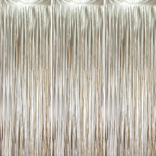 3 Pack 3.3 x 8.2 ft Matte Champagne Foil Fringe Backdrop Curtains, Gold Tinsel Streamers Party