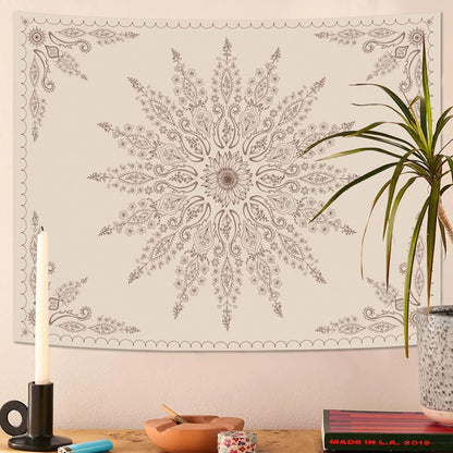 Fowocu Boho Floral Mandala Tapestry for Bedroom Aesthetic Bohemian Flower Wall Tapestry Beige