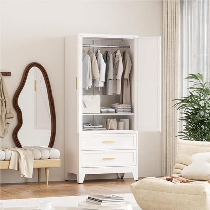 71'' Farmhouse Metal Wardrobe Cabinet with Hanging Rod, 2 Barn Door Wardrobe Closet with Adjustable