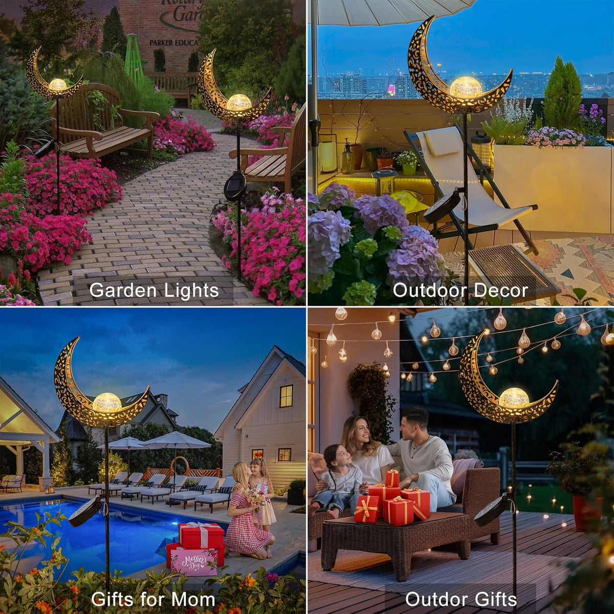 2Pack Moon Garden Solar Lights Outdoor Stakes Waterproof, Gifts for Mom, Crackle Glass Patio