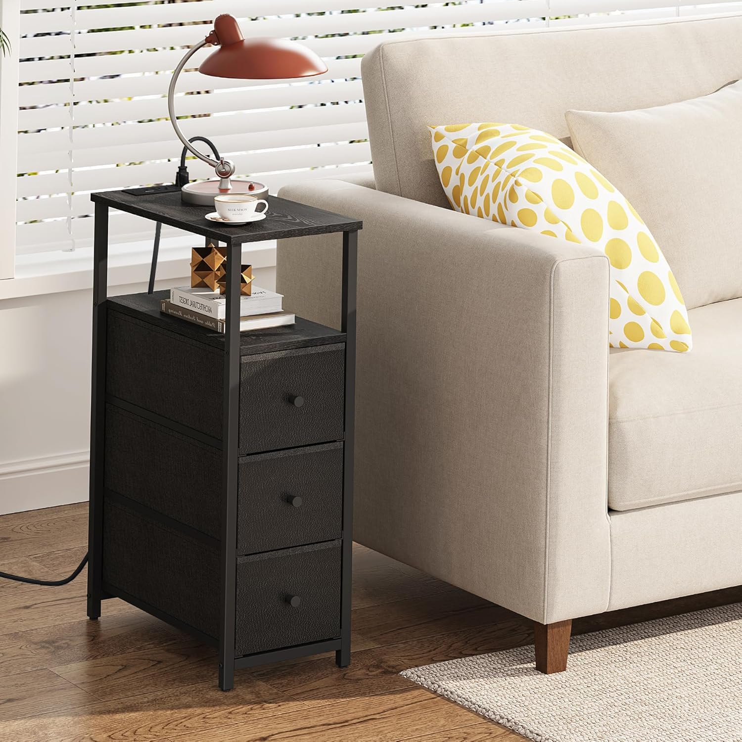 TUTOTAK Narrow Night Stand with Charging Station, Slim End Table with Plugins, Tall Side Table with