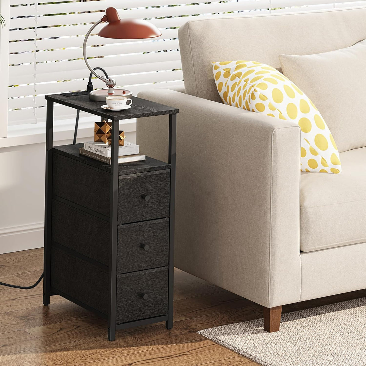 TUTOTAK Narrow Night Stand with Charging Station, Slim End Table with Plugins, Tall Side Table with