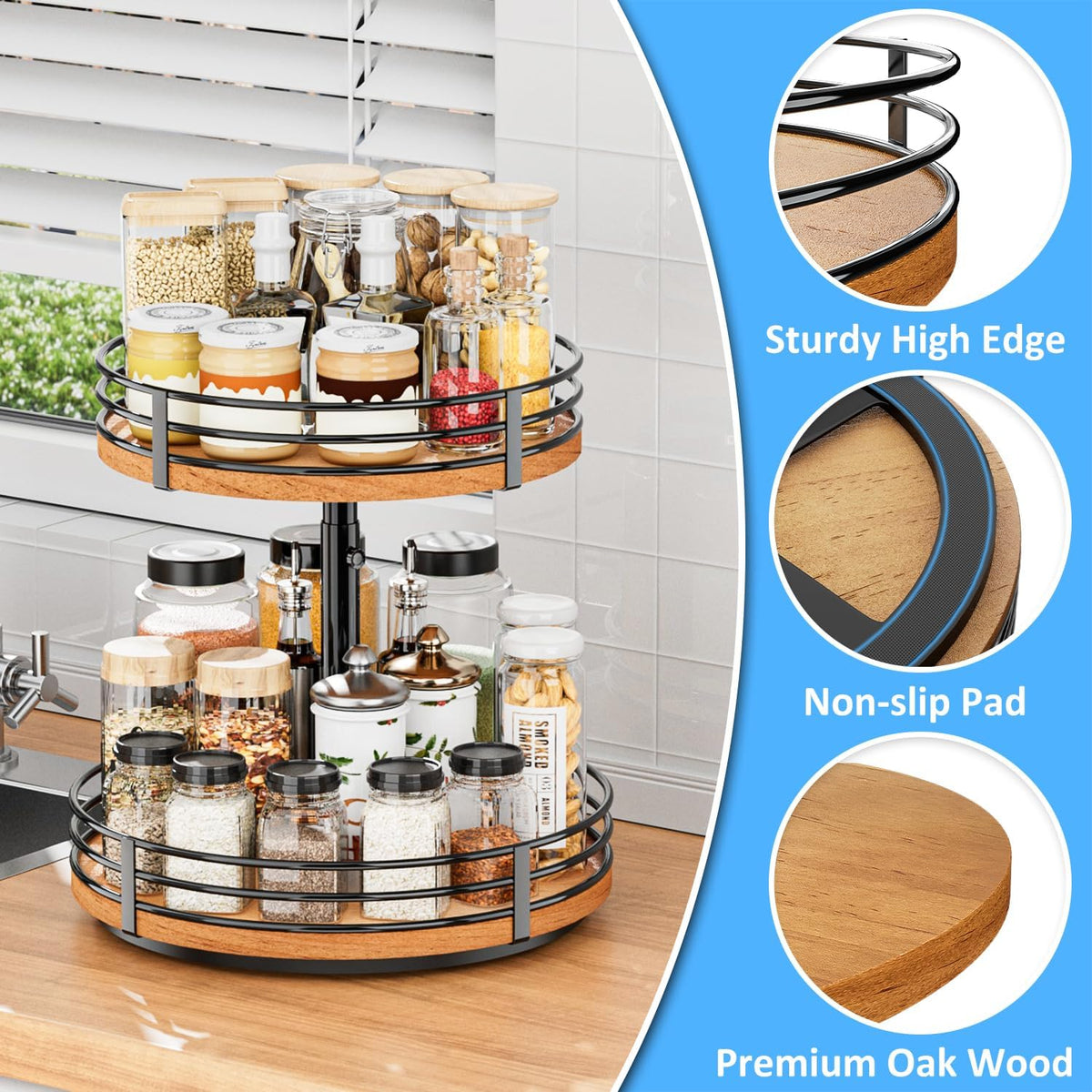 Lazy Susan Turntable Organizer Adjustable - 2 Tier Wood Rotating Spice Rack 12 Inch Lazy Susan for