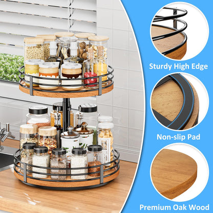 Lazy Susan Turntable Organizer Adjustable - 2 Tier Wood Rotating Spice Rack 12 Inch Lazy Susan for